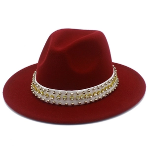 Classic wine red wool fedora hat with elegant white band featuring rivets and rhinestones