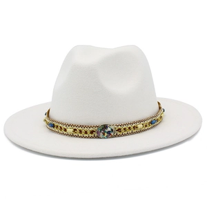 Classic Polyester Felt Fedora Hat With Bohemian Beaded Metal Chain Belt Wide Brim Jazz Hat For Men Women Party Daily Decor
