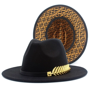 Classic black wide brim felt fedora hat with gold leaf accent and patterned lining