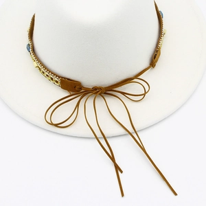 White felt wide brim fedora hat with decorative brown suede band and tassel bead trim