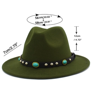 Detail of dark green felt fedora hat featuring black leather band and turquoise studs