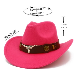 Dettagli sulle dimensioni del cappello da cowboy rosa con stemma di toro e misure