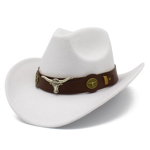 Cappello da Cowboy Western Vintage Donna Uomo Tesa Larga Fedora Con Fascia in Pelle Metallo Testa di Toro Stile Etnico Cappello da Sole Jazz