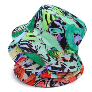 Women Creative Graffiti Print Bucket Hat Cotton Blend Outdoor Casual Sunscreen Sun Hat Artistic Abstract Pattern Wide Brim Fisherman Hat