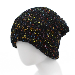Close-up of black knit beanie featuring colorful yarn texture and warm fuzzy finish