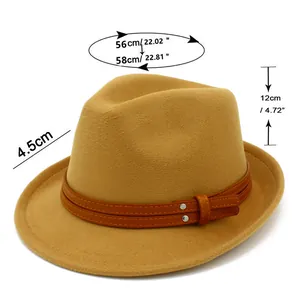 Size chart for wool fedora hat showing 56-58cm head circumference and 12cm height details