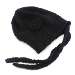 Schattige zwarte fleece gebreide muts met oorkleppen, dikke warme wintermuts voor dames