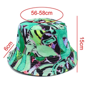 Detailed dimensions of a printed bucket hat showing a 56-58cm head size and 6cm brim width