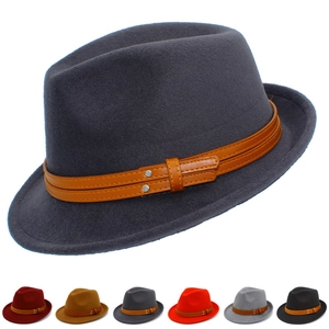 Detail view of wool fedora with brown leather strap and multicolor variants below
