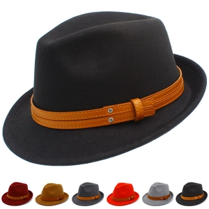 Detail of wool fedora hat with brown leather band, metal studs and multicolor options