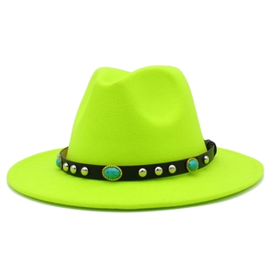 Detailed close-up of neon yellow fedora hat with turquoise studs on black leather band