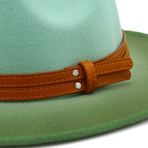 Two-tone wide brim fedora in mint green and dark green felt with brown leather band
