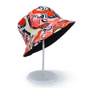 Detail of colorful abstract print bucket hat with durable fabric and high-quality texture