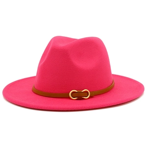 Fuchsia wool felt fedora hat for men and women featuring a brown slim leather belt strap