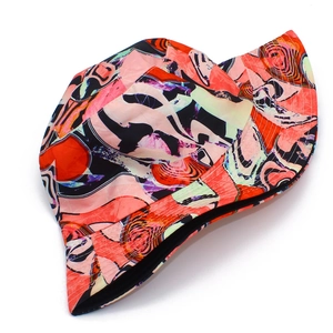 Detail view of colorful abstract graffiti bucket hat with reinforced stitching on the brim