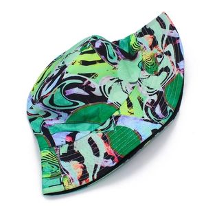 Detailed view of bucket hat with vibrant abstract graffiti pattern and artistic prints