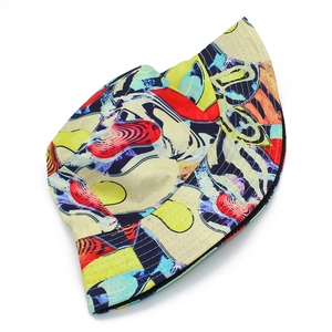 Detailed close-up of abstract artistic graffiti pattern and reinforced stitching on bucket hat