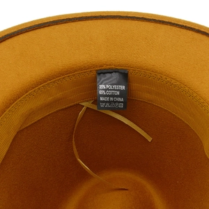 Detail of felt fedora hat interior showing adjustable ribbon and blend material tag