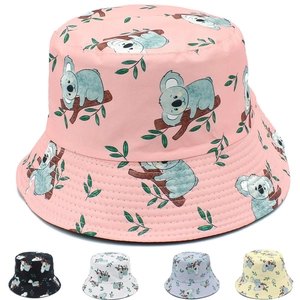 Women's Casual Cotton Bucket Hat With Cartoon Koala Print Sun Protection Wide Brim Outdoor Summer Sun Hat For Vacation