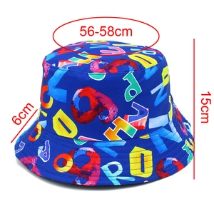 Blue bucket hat with colorful letter prints showing 56-58cm head circumference dimensions