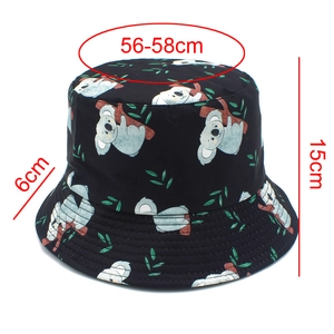 Detail showing cartoon koala bucket hat with 56-58cm circumference and 6cm brim dimensions