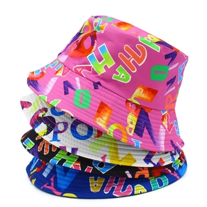 Colorful bucket hat with vibrant alphabet print for couples in street fashion style