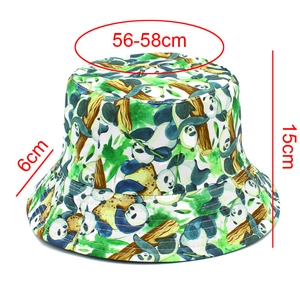 Detail view of panda print bucket hat with bamboo motifs and size specs 56-58cm
