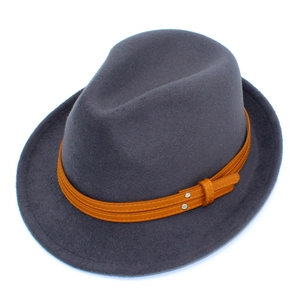Vintage dark gray felt fedora hat with orange leather band and silver metal rivets