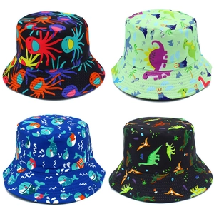 Cartoon Animal Print Cotton Bucket Hat Double Sided Dinosaur Whale Octopus Pattern Sun Protection Summer Outdoor Fisherman Hat For Teens