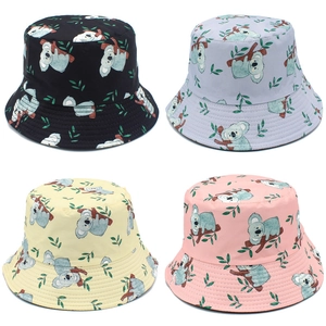 Set of four cotton bucket hats with cute cartoon koala and leaf prints in multiple colors