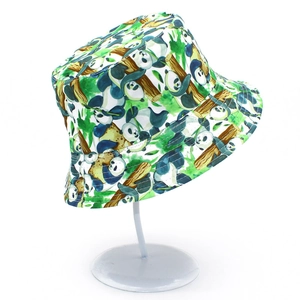 Panda and bamboo print bucket hat in green and navy for outdoor sun protection