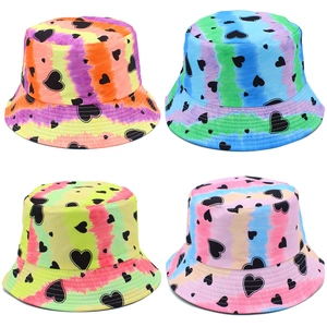 Set of four colorful tie-dye bucket hats with heart patterns for sun protection