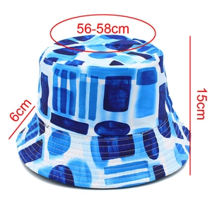 Detail showing color-block bucket hat dimensions with 56-58cm circumference and 15cm height