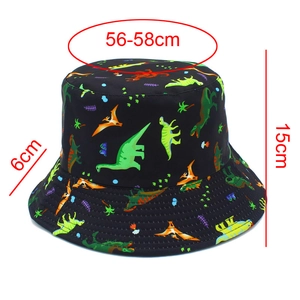 Detail showing dimensions of black bucket hat with colorful cartoon dinosaur patterns