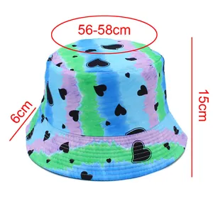 Size chart for tie-dye bucket hat with heart pattern showing 56-58cm circumference