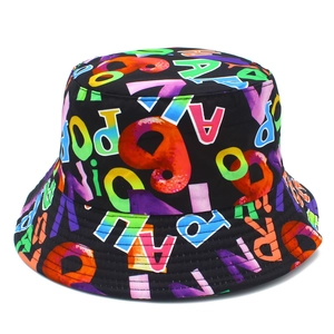 Fashionable black bucket hat with vibrant colorful graffiti letters and numbers print