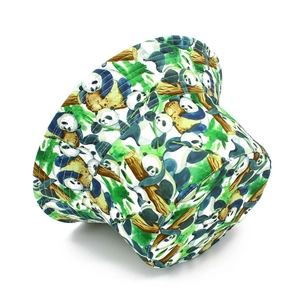 Close-up of durable cotton canvas bucket hat featuring panda and bamboo print with fine stitching