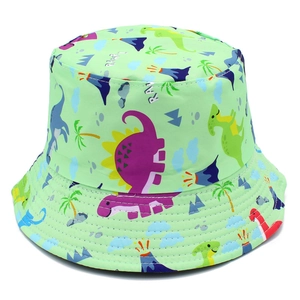 Green double-sided bucket hat with cute colorful dinosaur and palm tree cartoon patterns