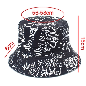 Graffiti bucket hat detail showing 6cm wide brim and 56-58cm head circumference size specs