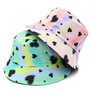 Two-piece tie-dye bucket hats with colorful heart patterns for summer sun protection