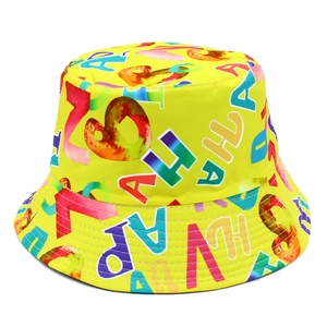 Yellow fisherman bucket hat with colorful all-over alphabet prints and street style design