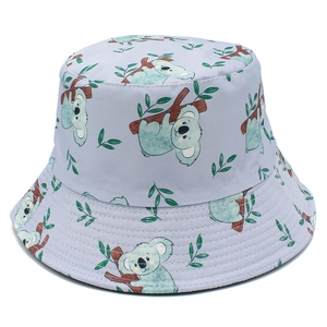 Detail of lavender bucket hat featuring cartoon koala print and reinforced brim stitching