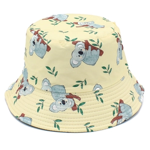 Pale yellow bucket hat with creative cartoon koala print for women outdoor sun protection