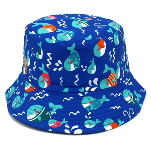 Deep blue bucket hat with cartoon whale patterns for kids sun protection outdoors