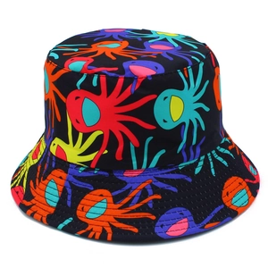 Reversible bucket hat with colorful cartoon octopus print on a premium black fabric base