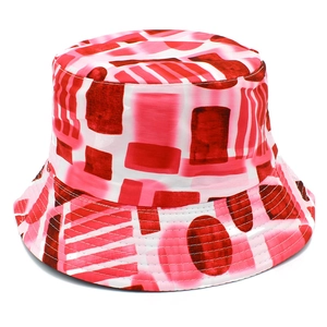 Unisex bucket hat with red and pink abstract geometric prints for outdoor sun protection