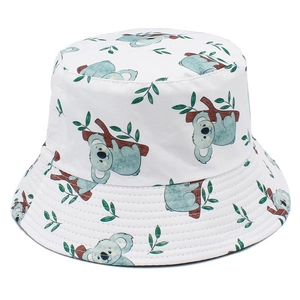 White bucket hat with cute cartoon koala and green leaf prints for outdoor sun protection