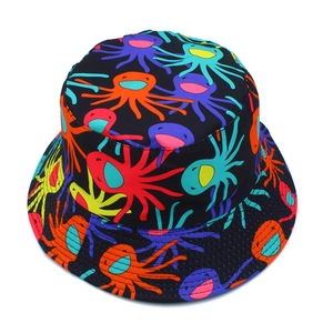 Detailed top view of navy bucket hat with colorful cartoon octopus patterns and stitched brim