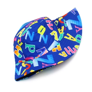Blue bucket hat with colorful graffiti letter print for summer sun protection