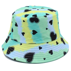 Close-up of heart print pattern on colorful tie-dye bucket hat with sharp fabric details